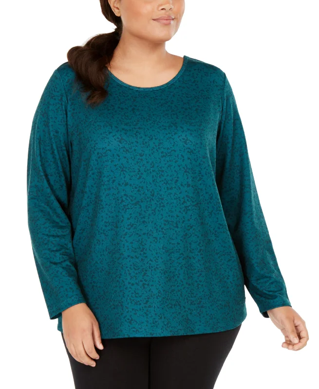 Ideology Plus Women's Print Cutout-Back Fleece Athletic Top, Deep Pine, XXL