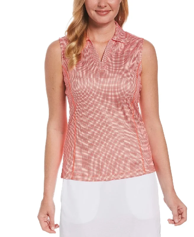 PGA TOUR Women's Gingham-Print Collared Golf Shirt, Hot Coral, L