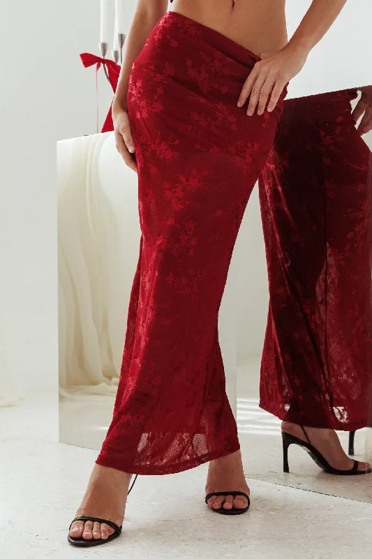 After Party Floral Mesh Maxi Skirt Burgundy