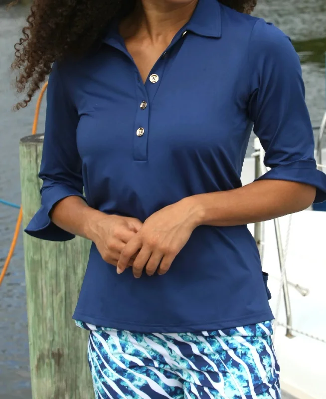 Ana Clare Mira Flounce 3/4 Sleeve Solid Polo- Aqua, Black, White, Periwinkle or Hot Pink