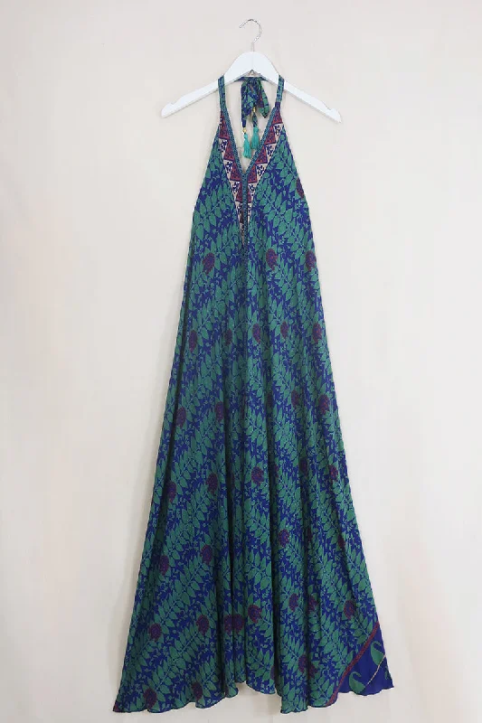 Athena Maxi Dress - Vintage Sari - Indigo Climbing Vines - Free Size M/L