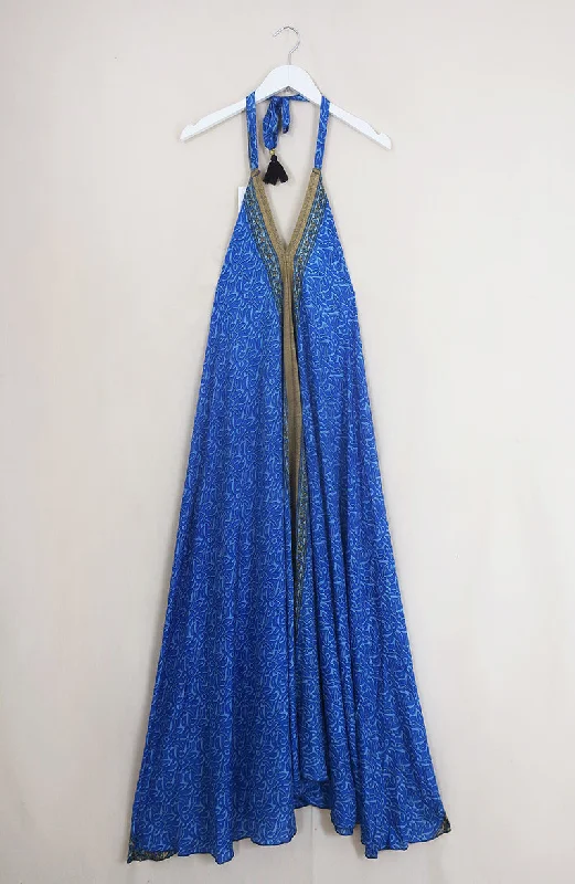 Athena Maxi Dress - Vintage Sari - True Blue Abstract - Free Size M/L