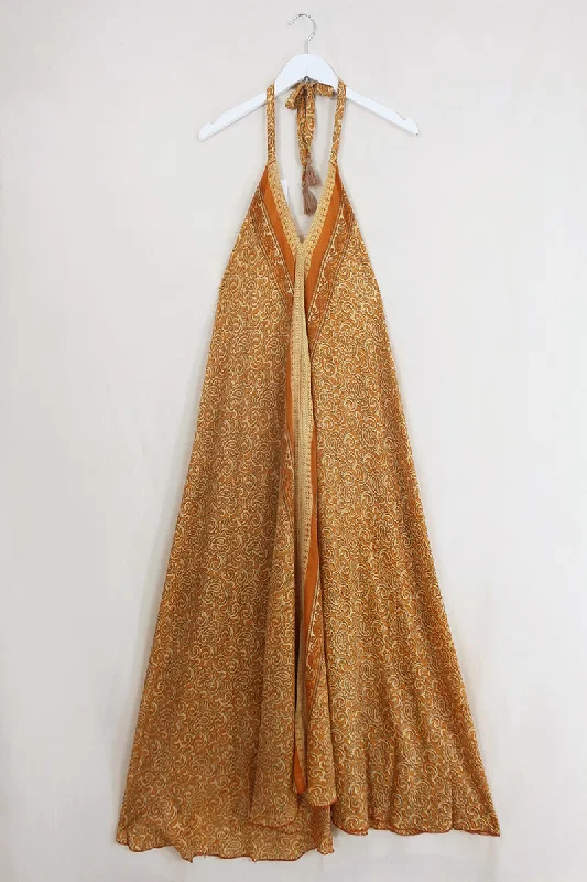 Athena Maxi Dress - Vintage Sari - Burnt Orange Paisley - Free Size S/M