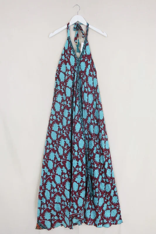 Athena Maxi Dress - Vintage Sari - Crimson & Blue Floral - Free Size S/M