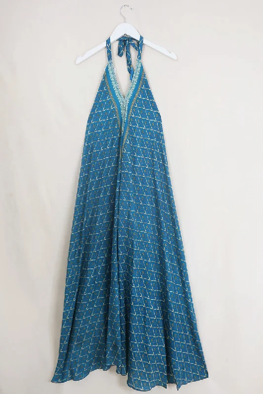 Athena Maxi Dress - Vintage Sari - Embroidered Blue Thistles - Free Size S/M