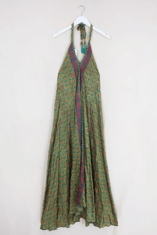 Athena Maxi Dress - Vintage Sari - Honey & Jade Peacock Feathers - Free Size S/M