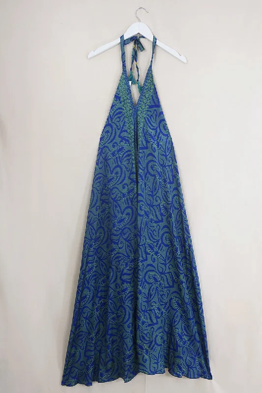 SALE Athena Maxi Dress - Vintage Sari - Sea Green & Sapphire Waves - Free Size S/M