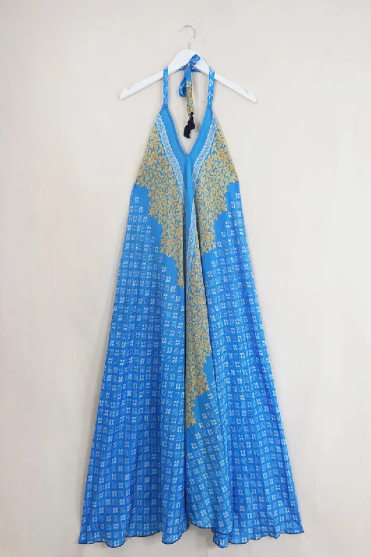 Athena Maxi Dress - Vintage Sari - Sky Blue & Gold - Free Size S/M