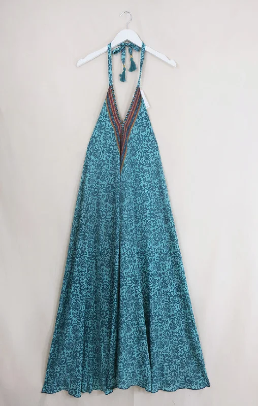 Athena Maxi Dress - Vintage Sari - Stone Blue & Rust - Free Size S/M