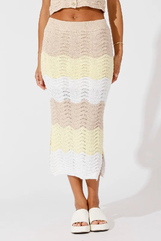 Beige Stripe Knit Skirt Midi Crochet