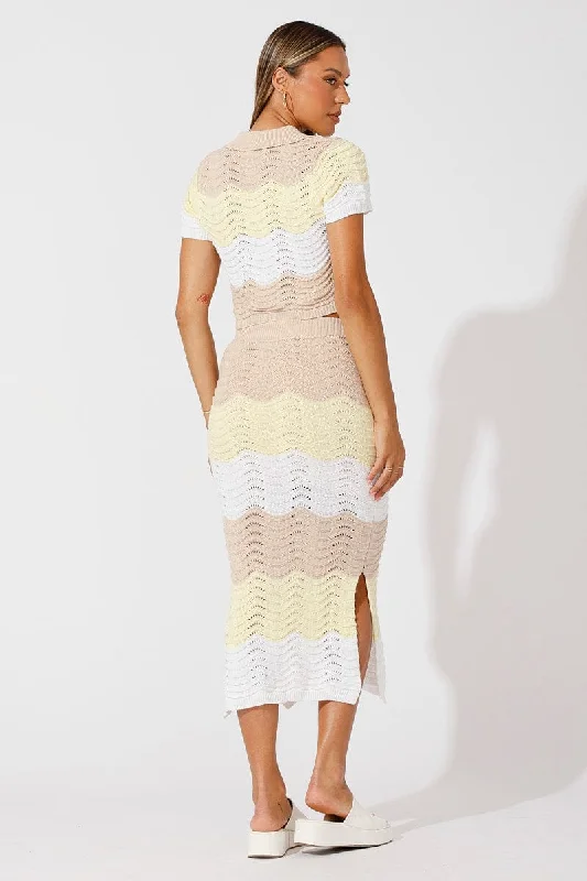 Beige Stripe Knit Skirt Midi Crochet