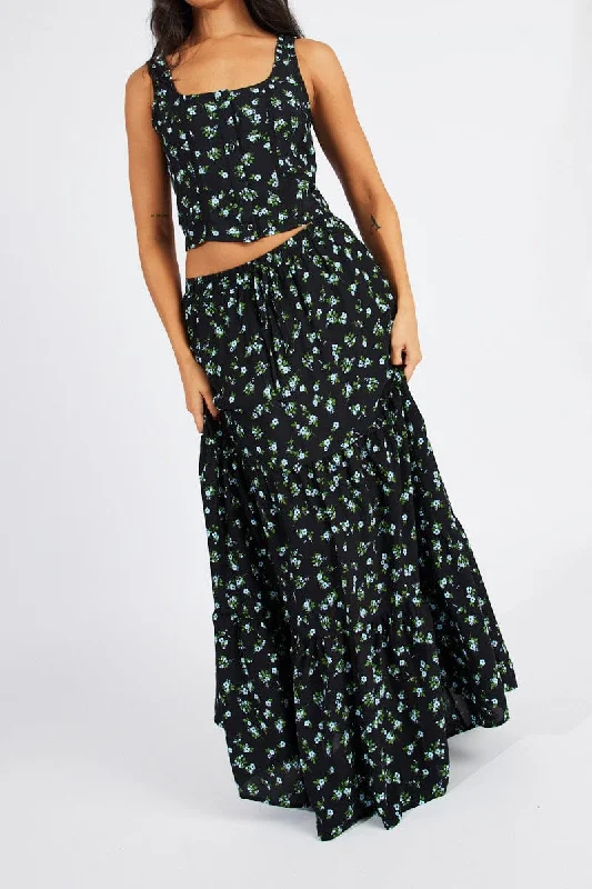 Black Floral Maxi Skirt High Rise Tiered Elastic Waist