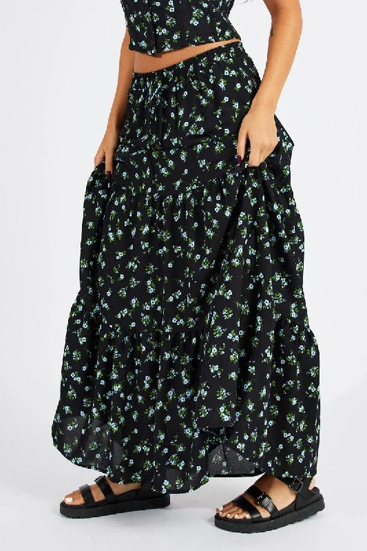 Black Floral Maxi Skirt High Rise Tiered Elastic Waist