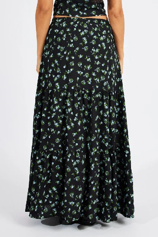 Black Floral Maxi Skirt High Rise Tiered Elastic Waist