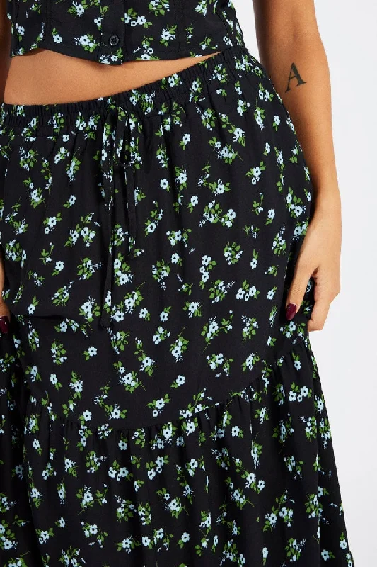 Black Floral Maxi Skirt High Rise Tiered Elastic Waist