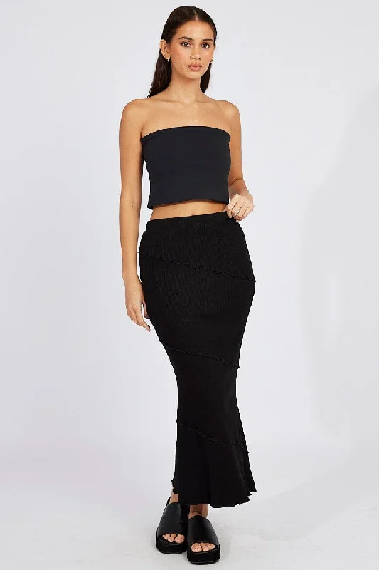 Black Midi Skirt Bodycon High Rise Rib Jersey