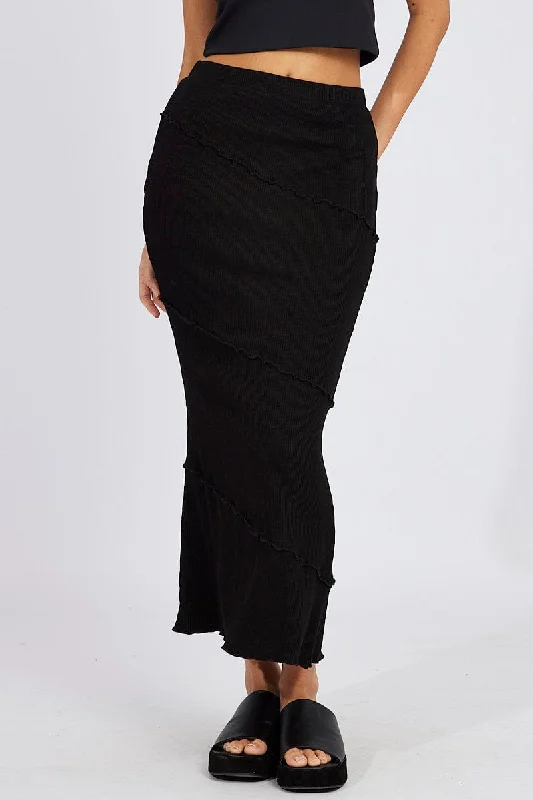 Black Midi Skirt Bodycon High Rise Rib Jersey