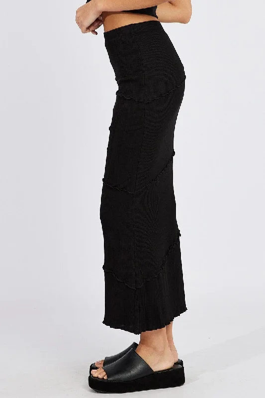 Black Midi Skirt Bodycon High Rise Rib Jersey