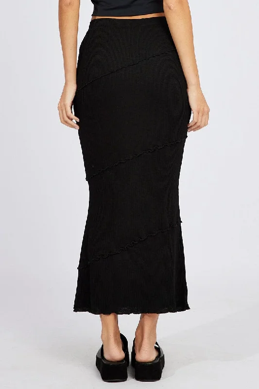 Black Midi Skirt Bodycon High Rise Rib Jersey