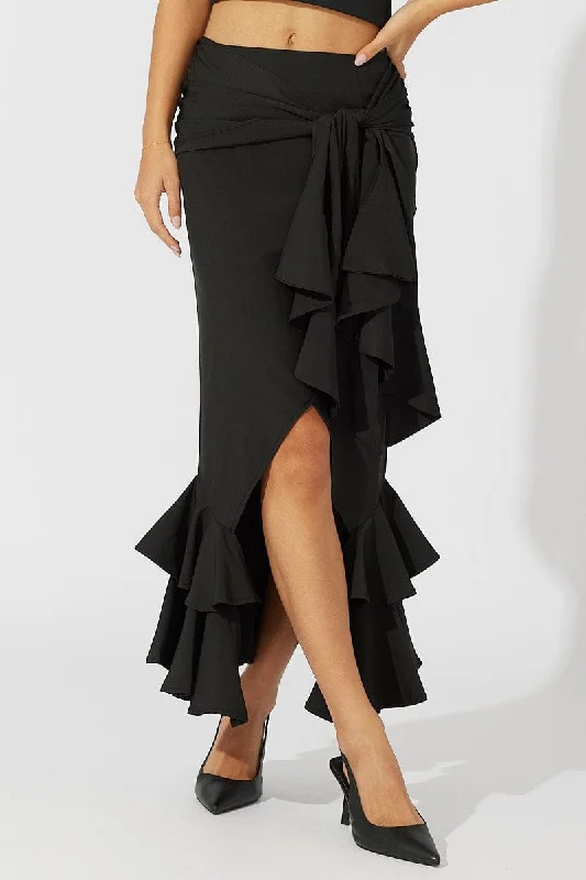 Black Midi Skirt Layered Ruffles