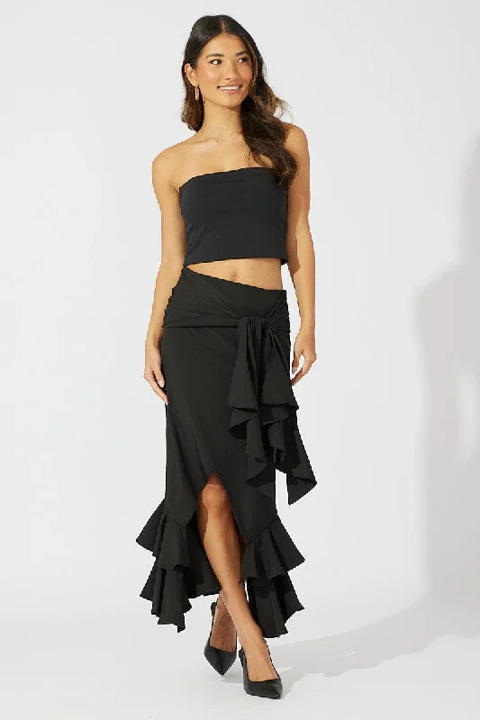 Black Midi Skirt Layered Ruffles