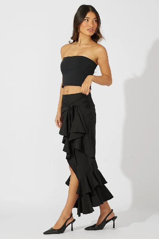 Black Midi Skirt Layered Ruffles