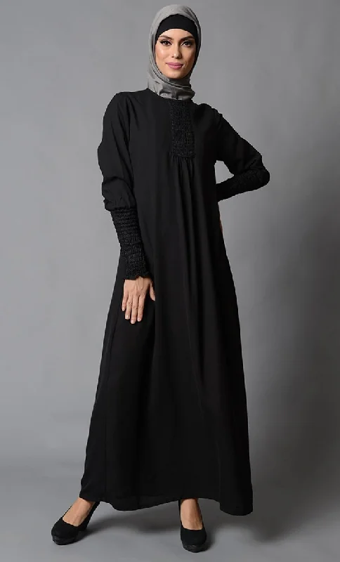 Smocking Detail Sleeves And Neckline Abaya Dress