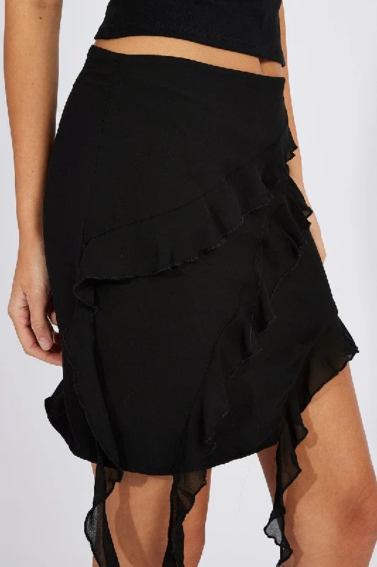 Black Ruffle Mini Skirt Asymmetric Tiered Frills Skirt