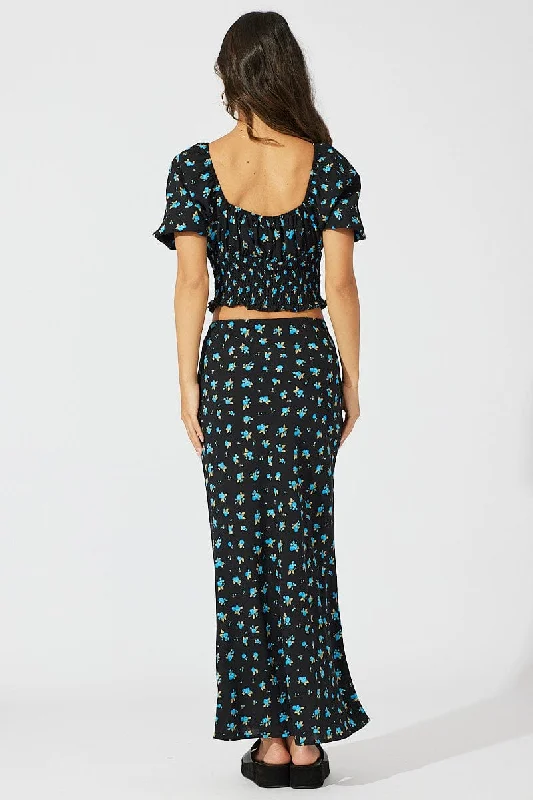 Blue Floral Slip Skirt Maxi