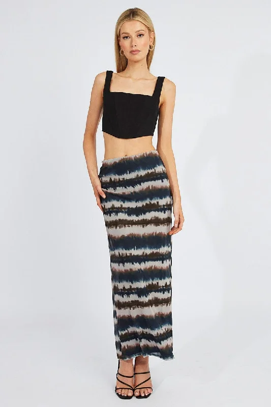 Brown Abstract Maxi Skirt High Rise Mesh