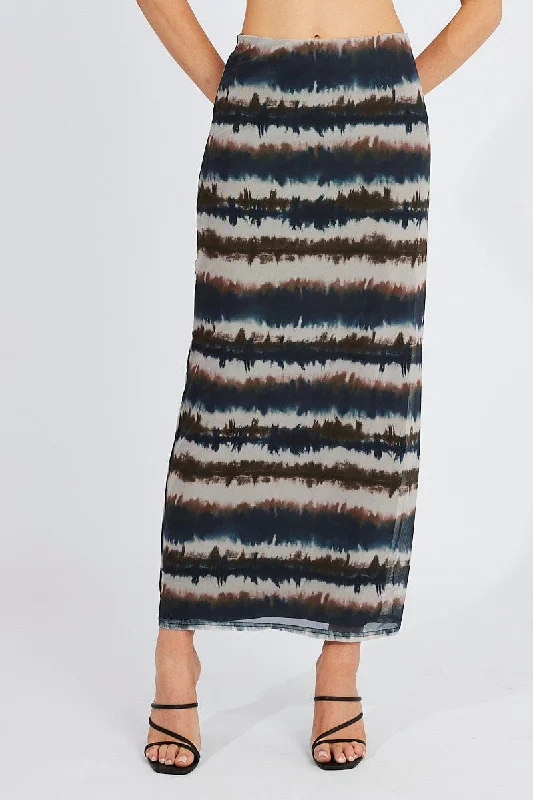 Brown Abstract Maxi Skirt High Rise Mesh