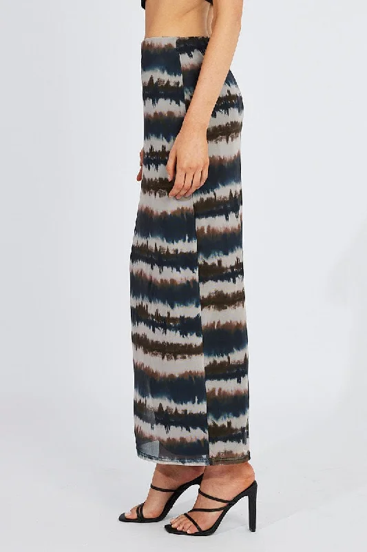 Brown Abstract Maxi Skirt High Rise Mesh