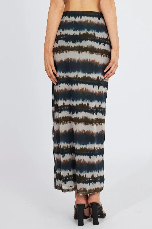 Brown Abstract Maxi Skirt High Rise Mesh