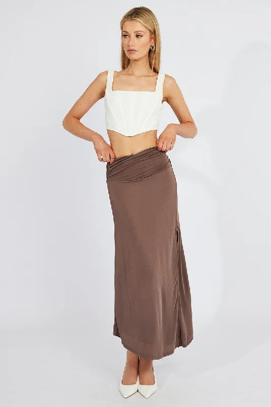 Brown Maxi Skirt Asymmetric Hem