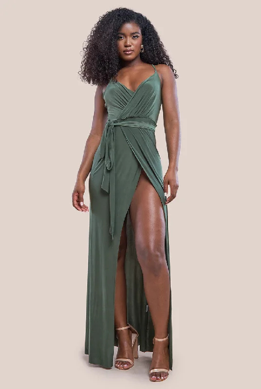 City Goddess Wrap Front Maxi Slip Dress With Waist Tie-Up - Olive Green