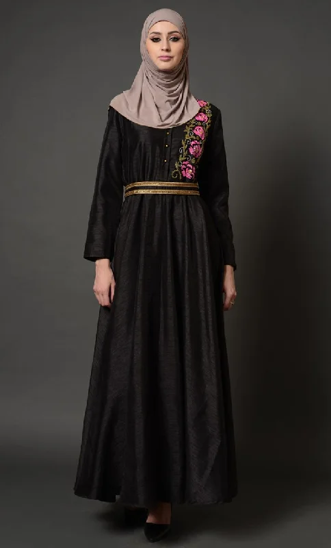 Floral Embroidered And Gold Lace Waistband Abaya Dress