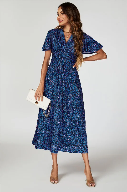 FS Collection Animal Print Angel Sleeve Twist Maxi Dress In Blue