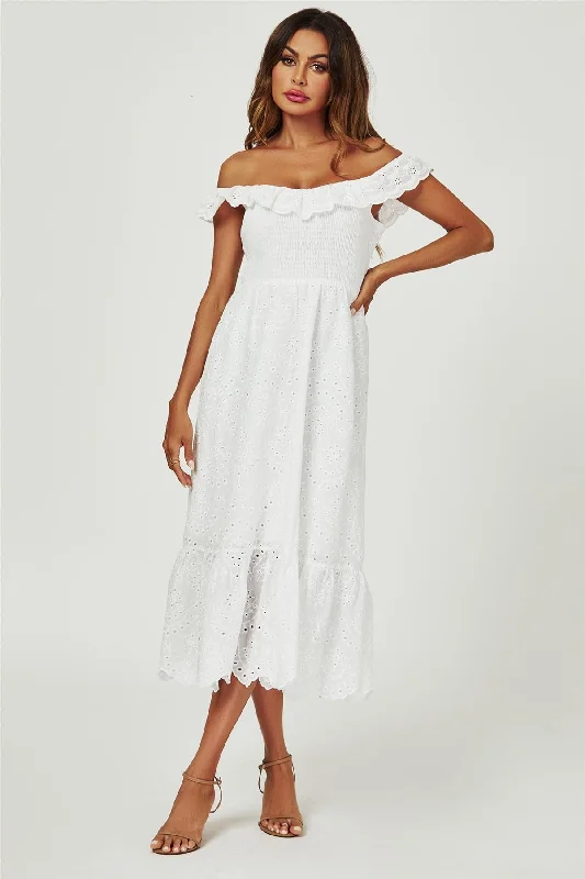 FS Collection Lace Embroidery Bardot Maxi Dress In White