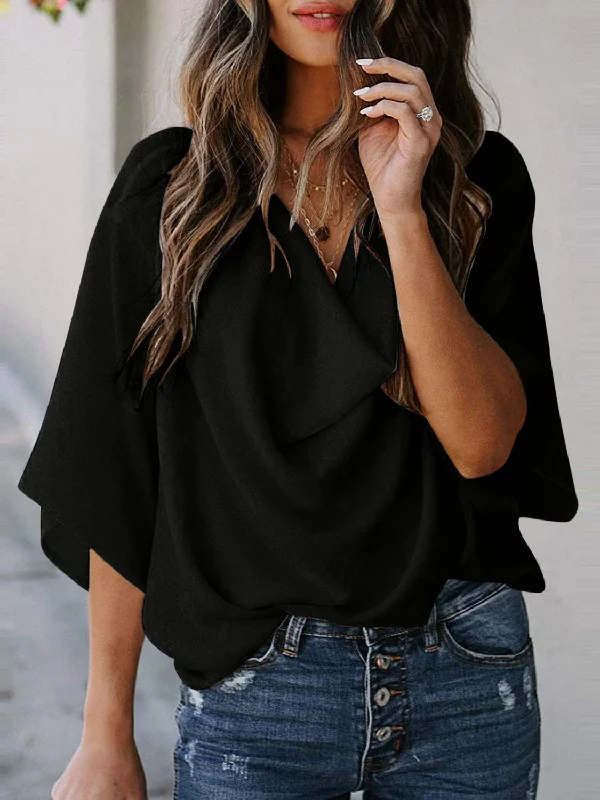 Full Size Cowl Neck Three-Quarter Sleeve Blouse