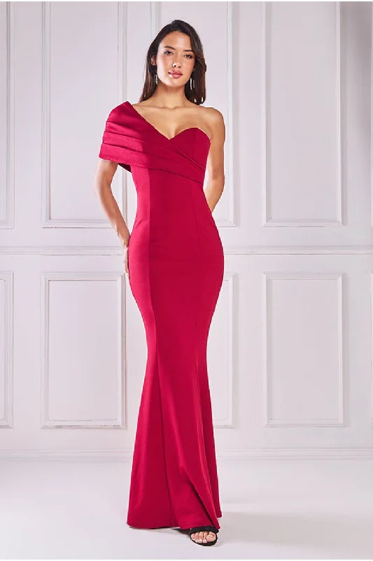 Goddiva One Shoulder Fan Maxi Dress - Wine