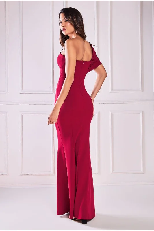 Goddiva One Shoulder Fan Maxi Dress - Wine