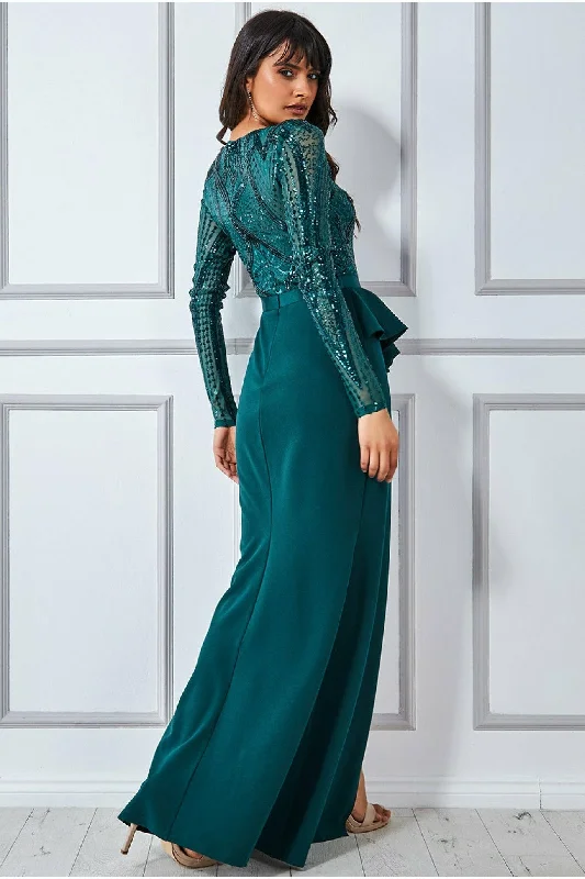 Goddiva Sequin Bodice With Front Frill Maxi - Emerald