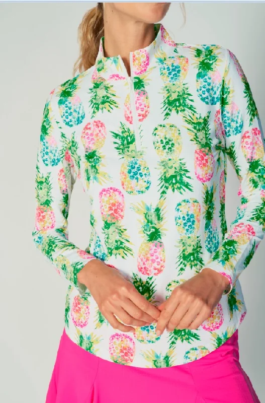 Gottex Long Sleeve Moc Neck Pineapple Print Long Sleeve Shirt