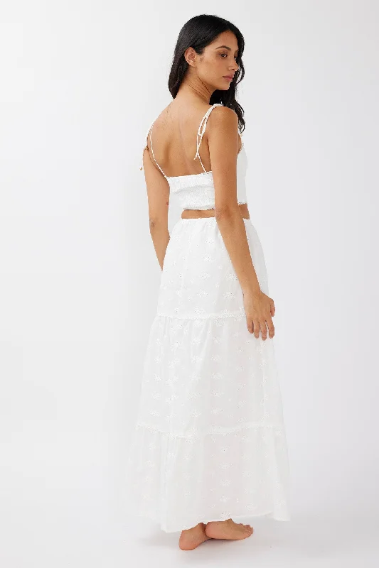 Gracelyn Drawstring Embroidery Maxi Skirt White