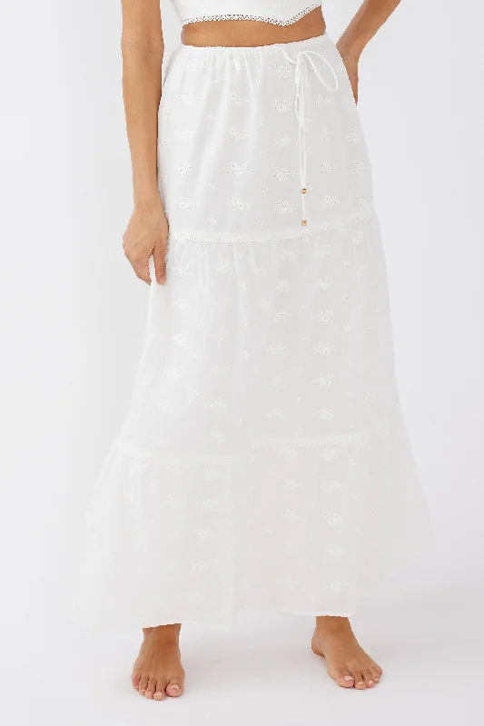 Gracelyn Drawstring Embroidery Maxi Skirt White