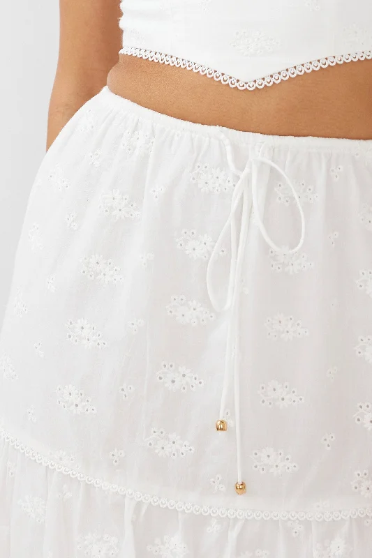 Gracelyn Drawstring Embroidery Maxi Skirt White