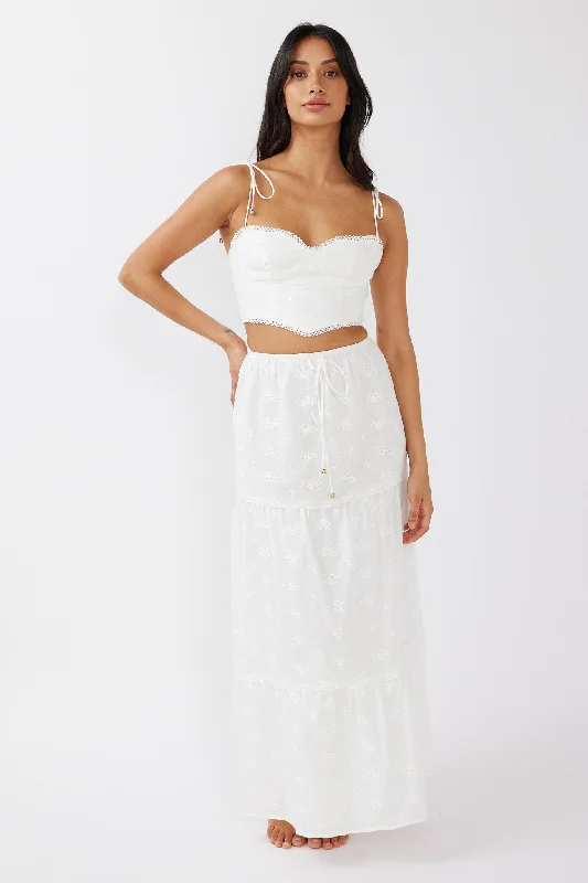 Gracelyn Drawstring Embroidery Maxi Skirt White