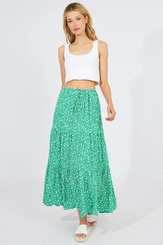 Green Ditsy Maxi Skirt High Rise