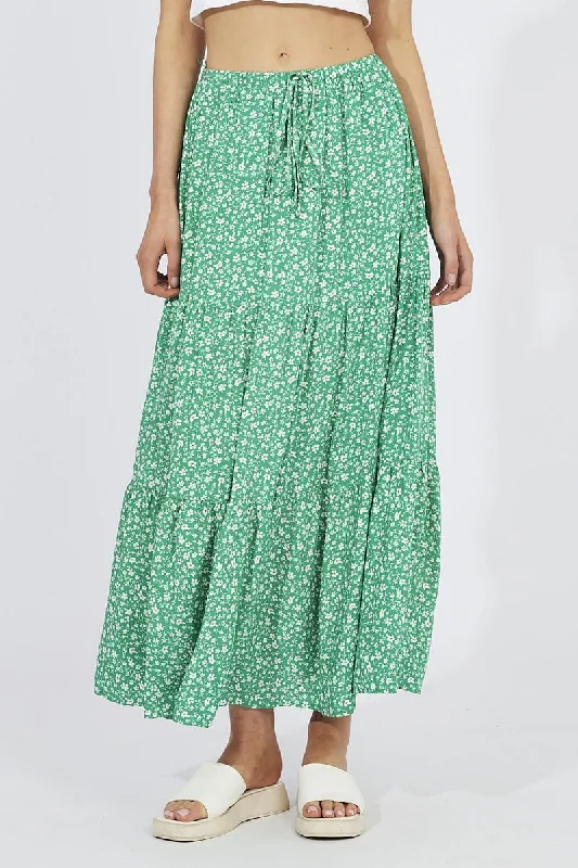 Green Ditsy Maxi Skirt High Rise