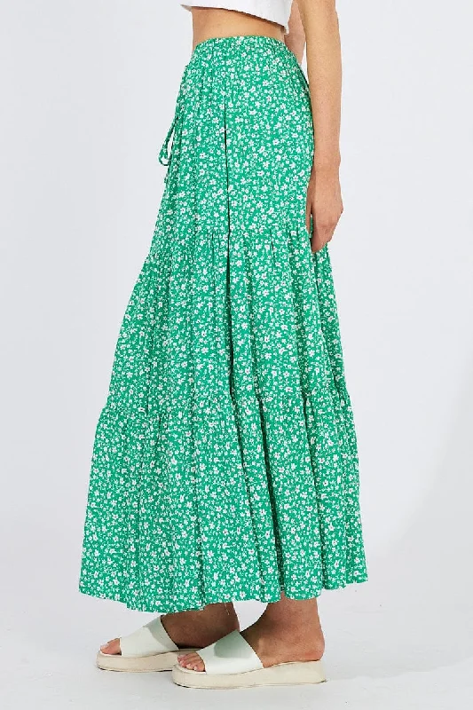 Green Ditsy Maxi Skirt High Rise